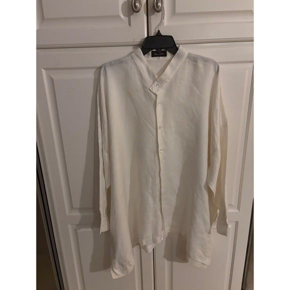 Eskandar Cream Linen Long Sleeve Tunic Top Grandad Collar Minimalist Women - Picture 1 of 9